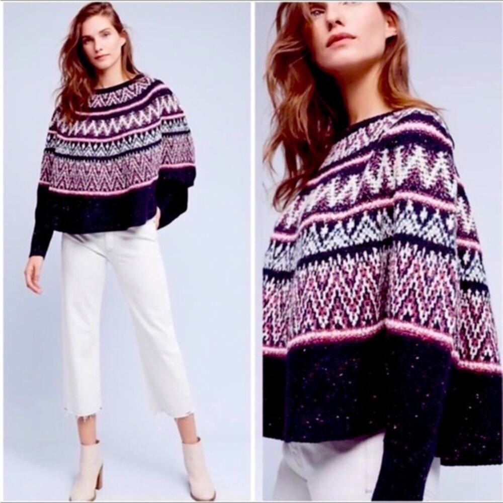 Anthropologie Fair Isle Sweater Poncho Nordic Cozy Wool Winter Cold Weather XS/S